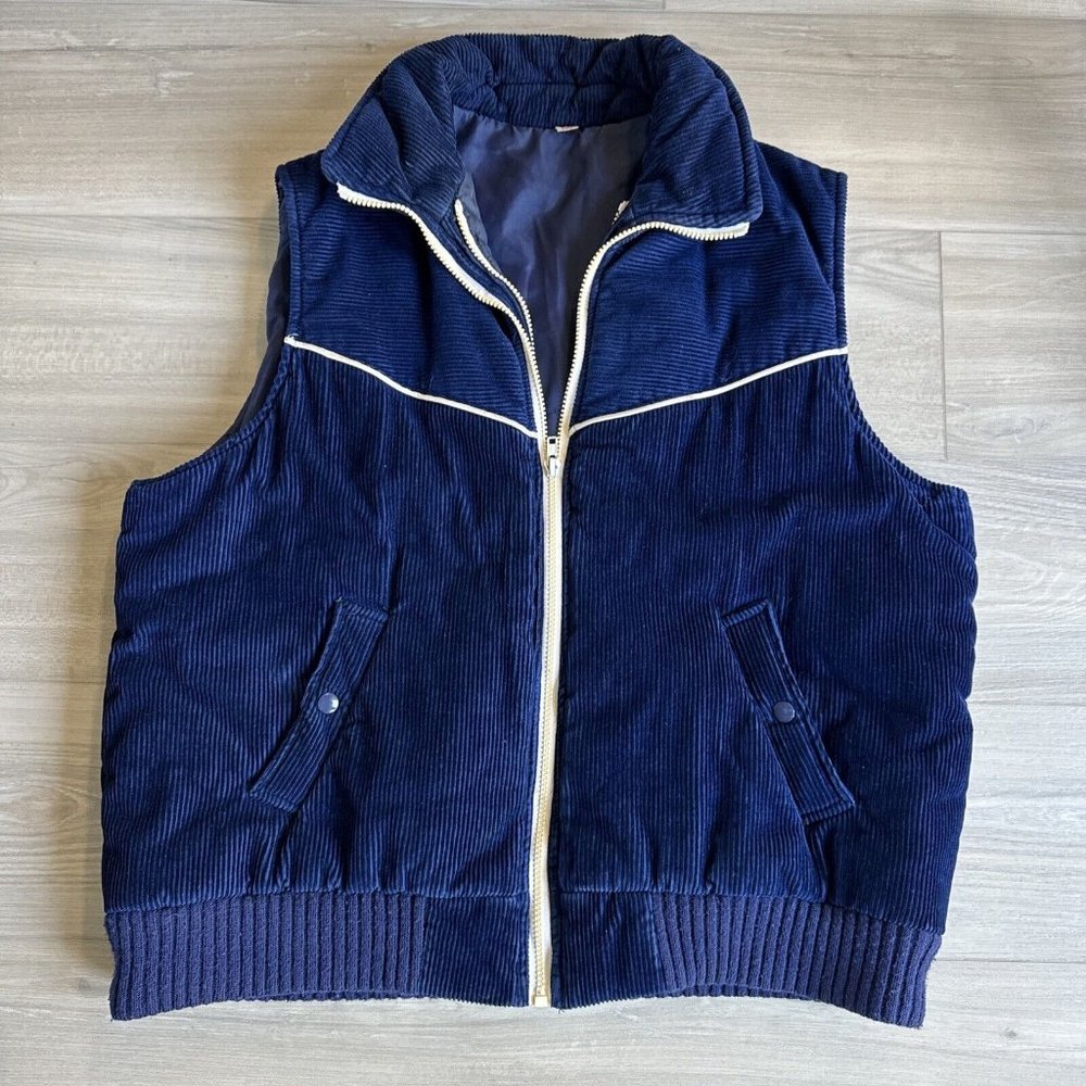 Vintage 70’s Navy Blue Corduroy Zip Puffer Vest Women’s XL Snap Pockets Taiwan